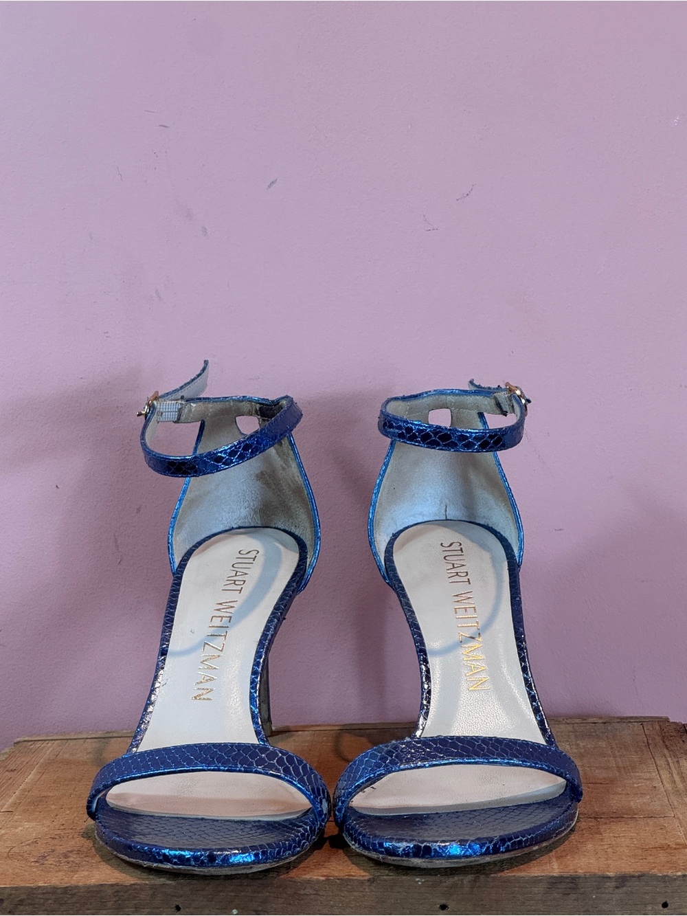 Stuart Weitzman Metallic Blue Snakeskin Pattern Ankle-Strap Sandals
